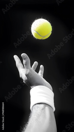 Tennis Ball Hovering Above a Hand on Dark Background photo