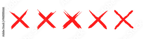 Red cross sign set. Wrong mark collection. Red cross X symbol illustration. Red grunge X icon. Cross brush signs. Stock vector.