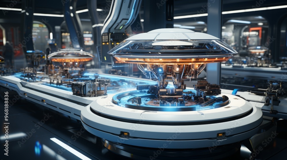 Automated spacecraft production facility with advanced manufacturing systems in operation Automated spacecraft production facility with advanced manufacturing systems in operation