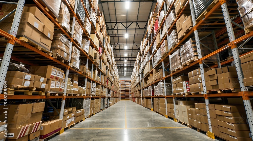 A large warehouse with numerous items. Rows of shelves with boxes. Logistics. Inventory control, order fulfillment or space optimization. Illustration for advertising, marketing or presentation. A large warehouse with numerous items. Rows of shelves with boxes. Logistics. Inventory control, order fulfillment or space optimization. Illustration for advertising, marketing or presentation.