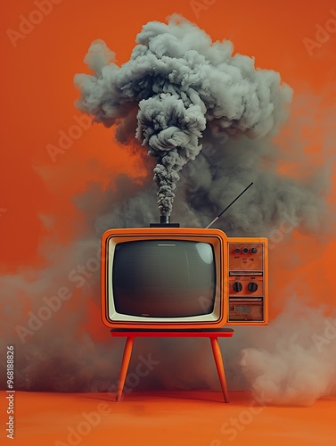 Wallpaper Mural A vintage television set with a plume of smoke rising from its antenna against an orange background. Torontodigital.ca