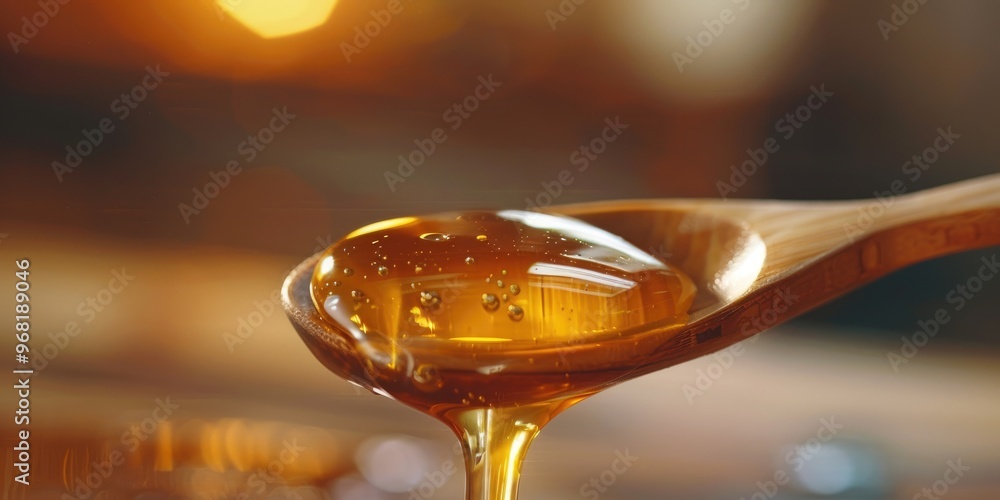 Wooden Spoon Dipped in Homemade Honey from Bees Wooden Spoon Dipped in Homemade Honey from Bees