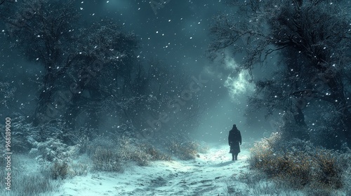 A solitary figure walks through a snowy, ethereal forest landscape.