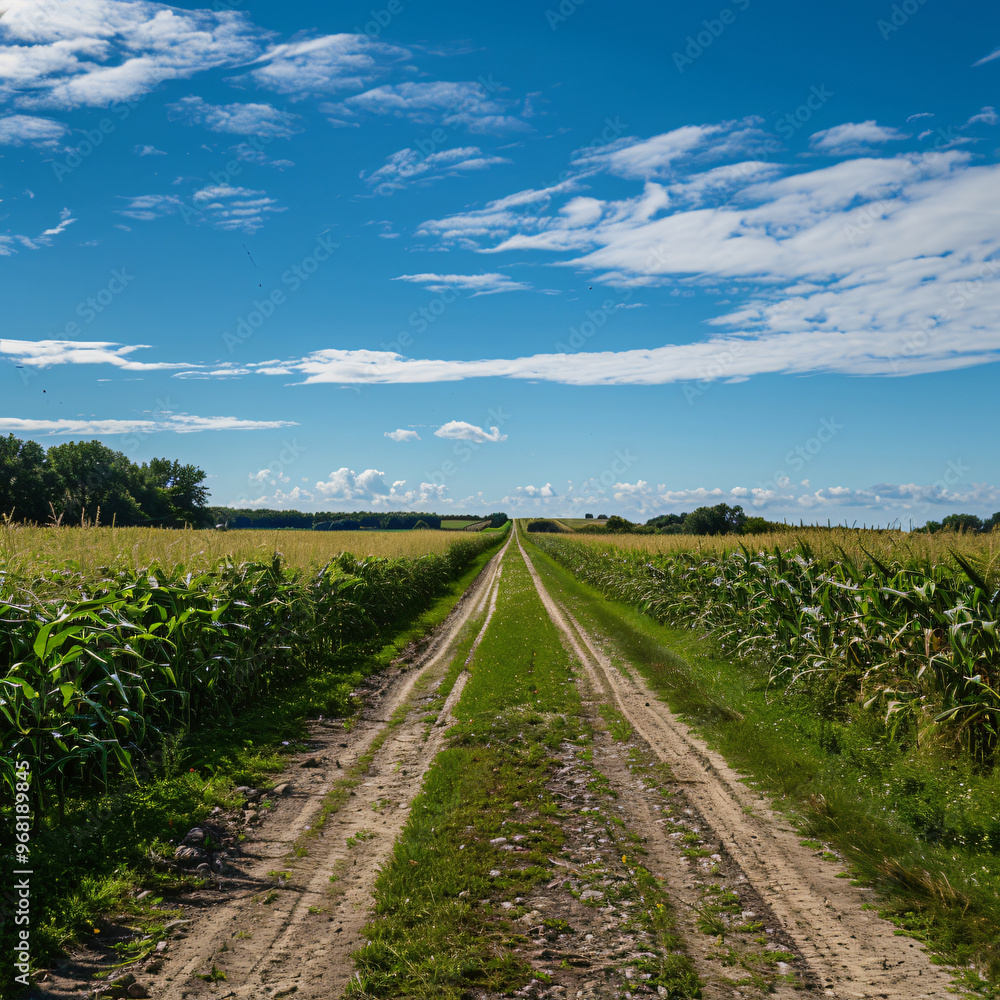 Dirt road through maize green field under blue sky Dirt road through maize green field under blue sky