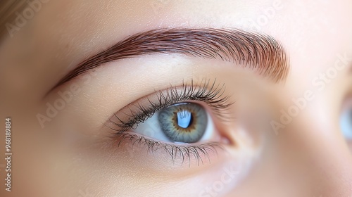 Close-Up of Blue-Green Eye with Perfectly Arched Eyebrow photo