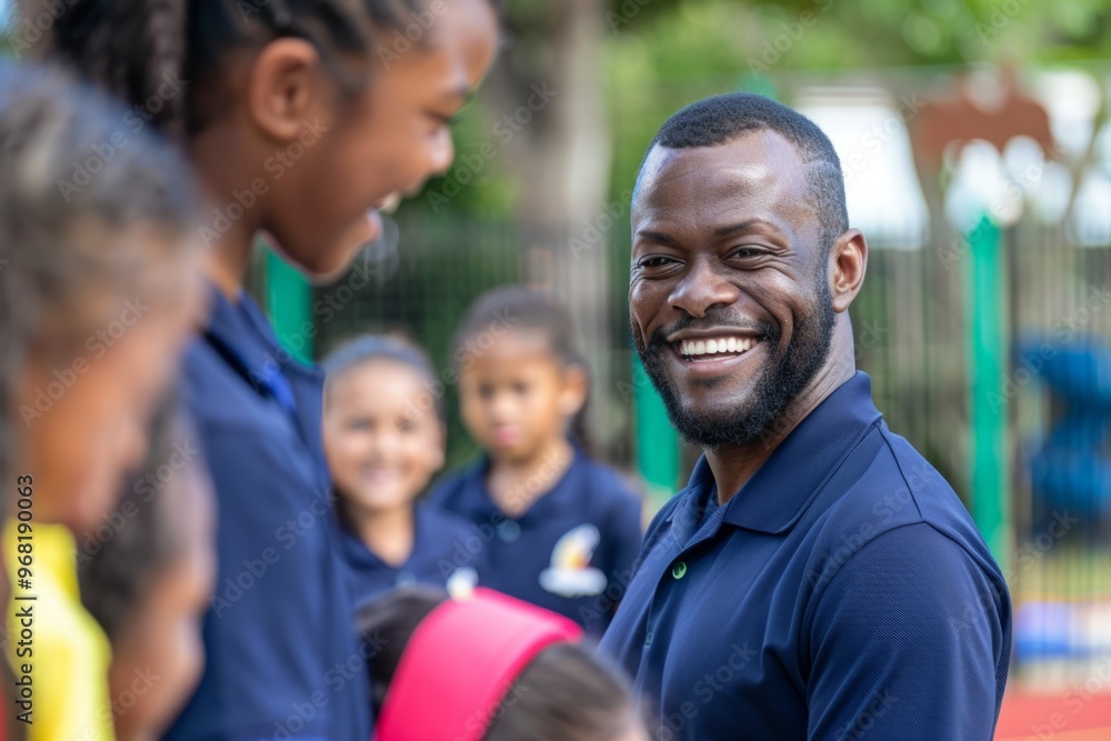 Obraz premium A man in a blue shirt is smiling at a group of children