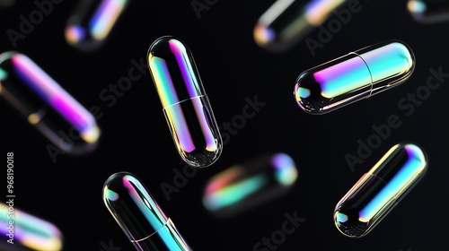 Floating Iridescent Capsules on a Black Background photo