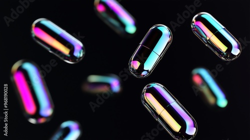 Floating Iridescent Capsules on a Black Background