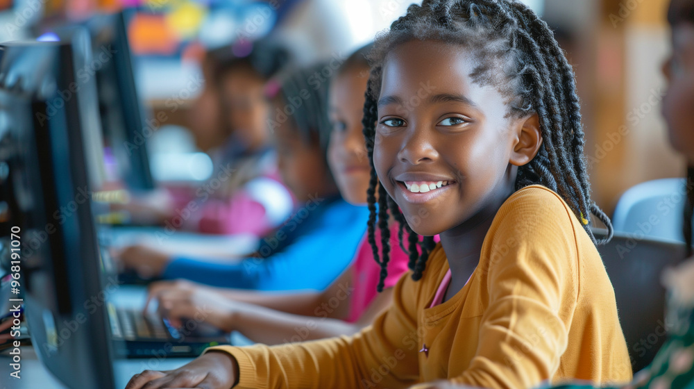 Smiling student using digital tools in classroom computer lab Smiling student using digital tools in classroom computer lab