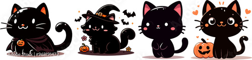 set of cute cartoon halloween black cats with witch hat and pumpkin