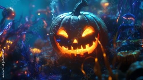 Glowing Jack-o'-Lantern in a Dark Underwater Setting photo