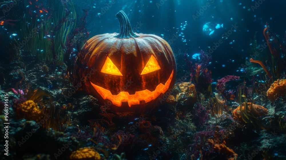 Naklejka premium Luminous Jack-O-Lantern on the Ocean Floor