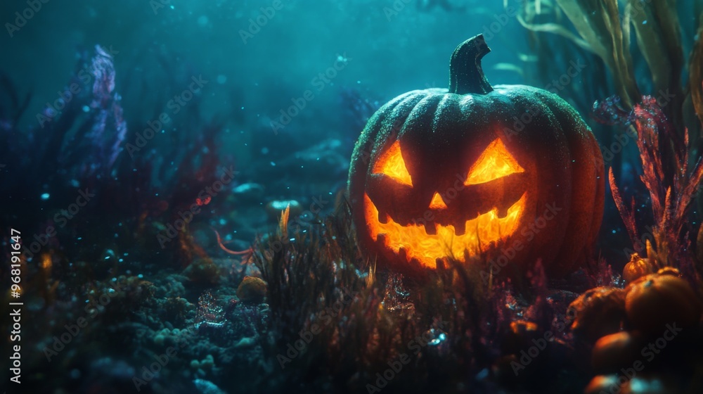 Naklejka premium Glowing Jack-o'-Lantern Undersea in a Halloween-Themed Underwater Setting