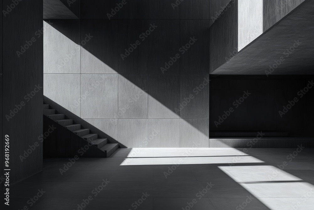 A minimalist interior space featuring sharp lines and structured lighting, creating a dynamic atmosphere with ample natural light streaming through large openings. A minimalist interior space featuring sharp lines and structured lighting, creating a dynamic atmosphere with ample natural light streaming through large openings.
