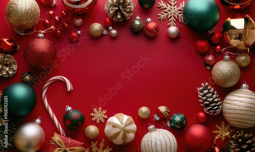 Festive Christmas Decorations on Rich Dark Red Background