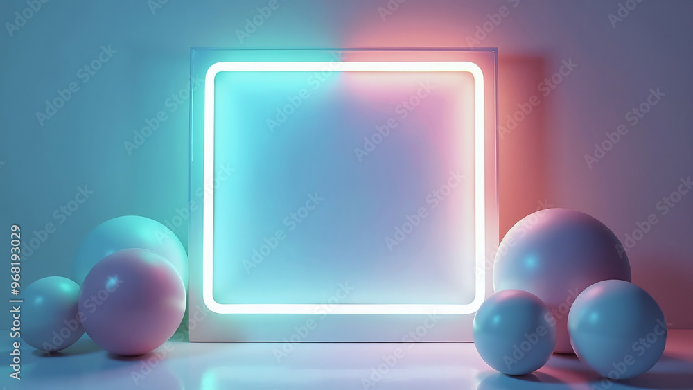 Neon Square Frame with Spherical Shapes