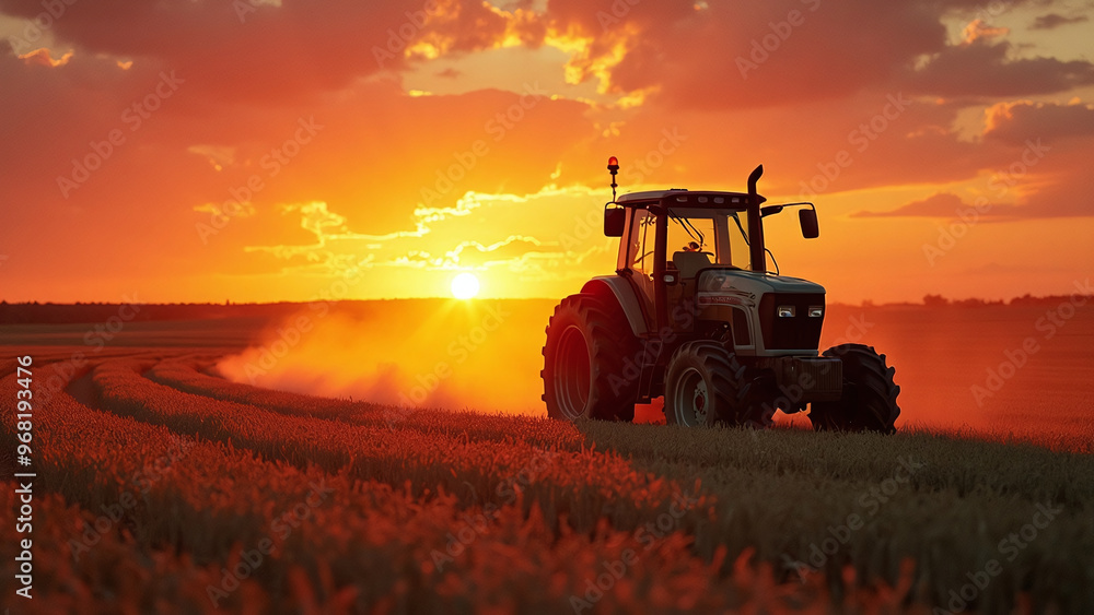 Fototapeta premium Tractor in Field at Sunset