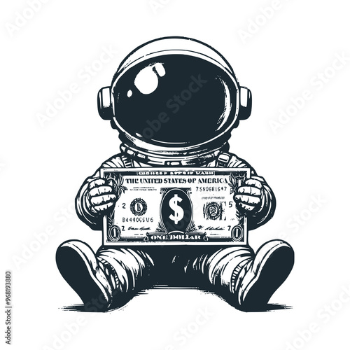 Cute astronaut hold a paper dollar bill. Black white vector. Icon and logo illustration.