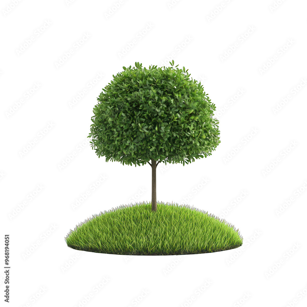 A vibrant green tree standing on a grassy hill, symbolizing nature and tranquility in a serene environment. transparent background