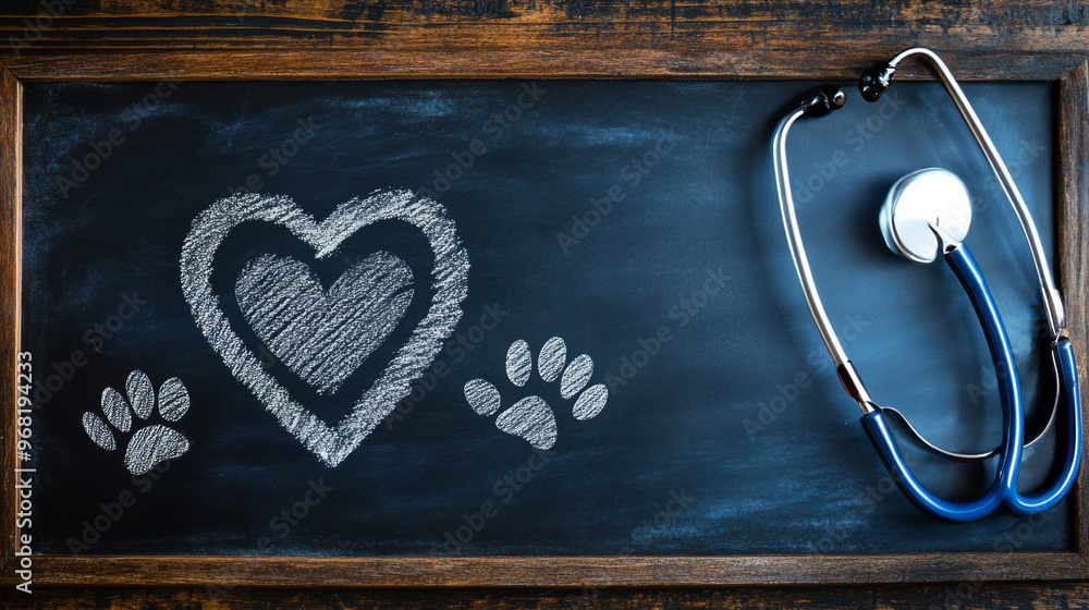 © Aliaksandra - veterinary concept banner with stethoscope, pet paw prints, and heart shape on chalkboard for copy space, showcasing care and love for animals