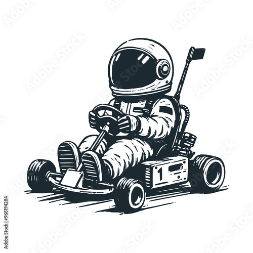 Cute astronaut riding a gokart. Black white vector. Icon and logo illustration.