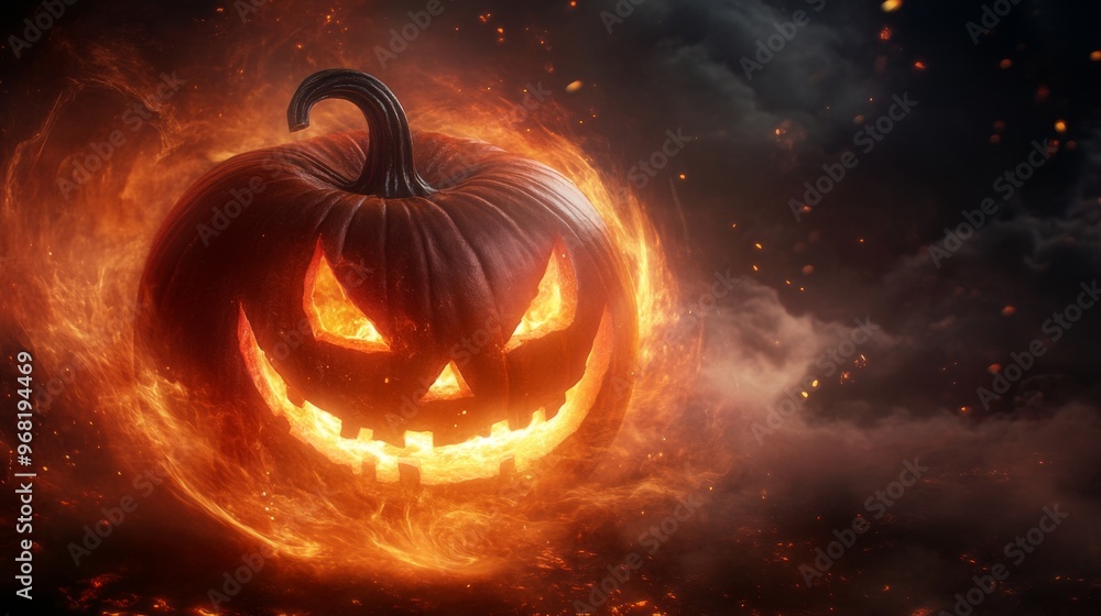 Naklejka premium Fiery Jack-O-Lantern Burning in a Vortex of Flames