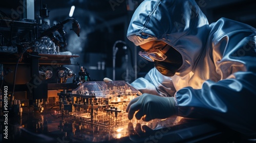 Engineers in spacesuits conduct systems testing for spacecraft in a controlled environment