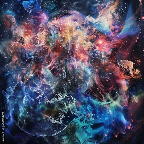 Cosmic Abstract Art with Starry Elements and Ethereal Glowing Hues, Blending Together in a Dreamlike Scene photo