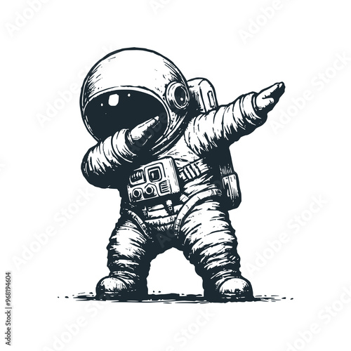 Cute astronaut with dabbing gesture pose. Black white vector. Icon and logo illustration.