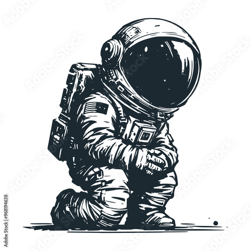 Cute astronaut is sad. Black white vector icon and logo illustration.