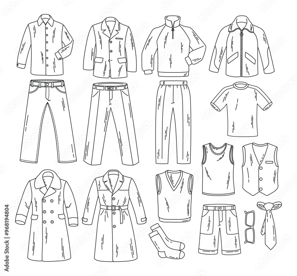 Mens clothing mockups, wardrobe sketch, set Mens clothing mockups, wardrobe sketch, set