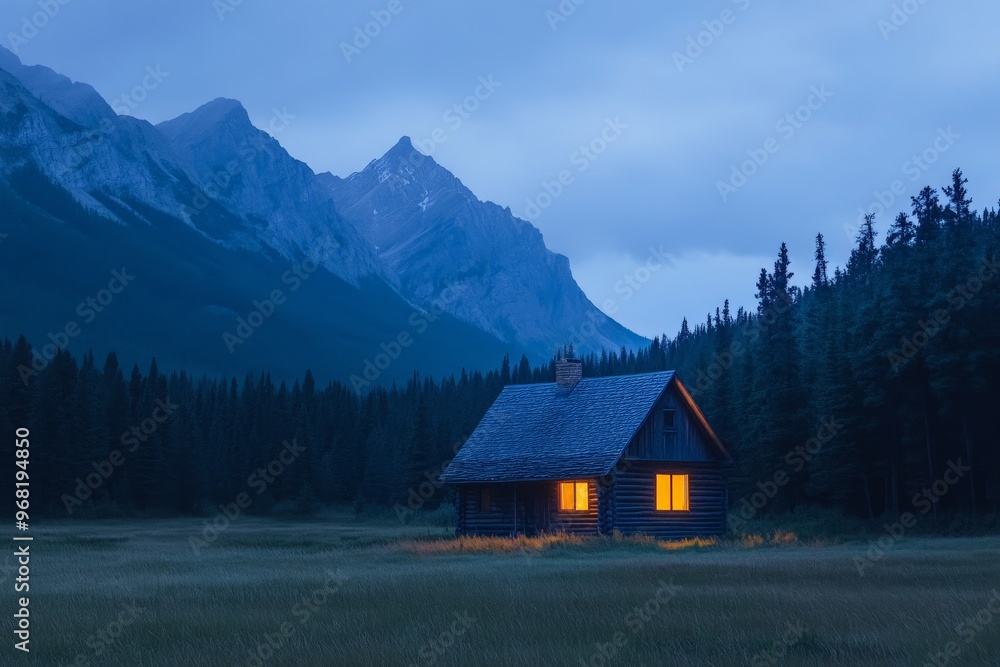 A cozy cabin glowing with warm light in the middle of a vast, dark wilderness, under the night sky with majestic mountain silhouettes in the background. A cozy cabin glowing with warm light in the middle of a vast, dark wilderness, under the night sky with majestic mountain silhouettes in the background.