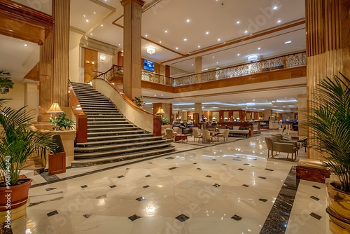 Spacious and elegantly decorated hotel lobby, offering a luxurious guest experience.