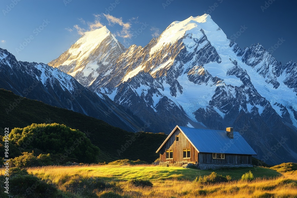 A sunlit wooden cabin sits on a green hillside with flowering plants, with snowy mountain peaks providing a breathtaking backdrop, emphasizing the fresh and natural beauty of the scene. A sunlit wooden cabin sits on a green hillside with flowering plants, with snowy mountain peaks providing a breathtaking backdrop, emphasizing the fresh and natural beauty of the scene.