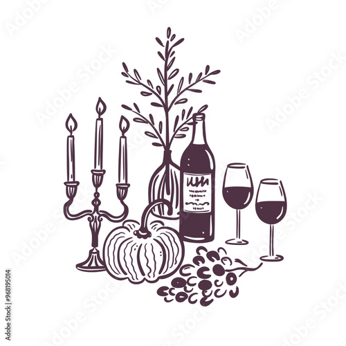 Hand-drawn autumn composition featuring wine bottle, two glasses, candelabra, pumpkin, grapes, and a vase with branch. Black and white sketch style. Cozy fall season. Isolated vector illustration. 