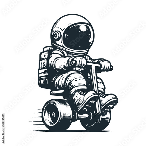 Cute astronaut riding pedal car toys. Black white vector. Icon and logo illustration.