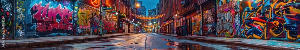Urban alley at night filled with vibrant graffiti, capturing the essence of street art. Free copy space for banner. Urban alley at night filled with vibrant graffiti, capturing the essence of street art. Free copy space for banner.