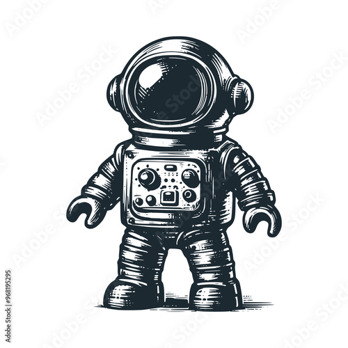Cute vintage astronaut tin robot toy. Black white vector. Icon and logo illustration.
