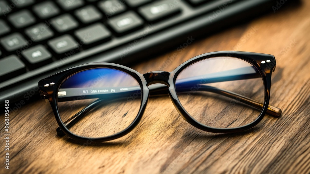 Blue Light Blocking Glasses on a Wooden Table Blue Light Blocking Glasses on a Wooden Table