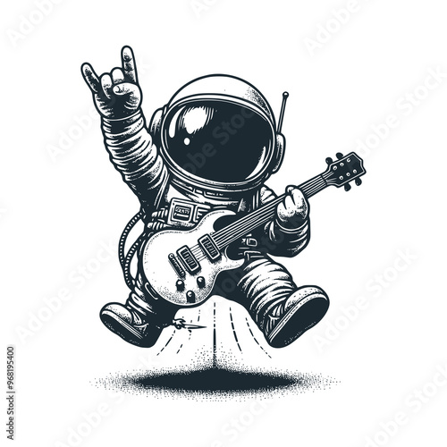 Cute astronaut playing a rock guitar . Black white vector icon and logo illustration.