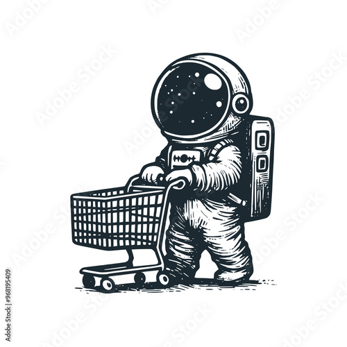 Cute astronaut push a trolley . Black white vector. Icon and logo illustration.