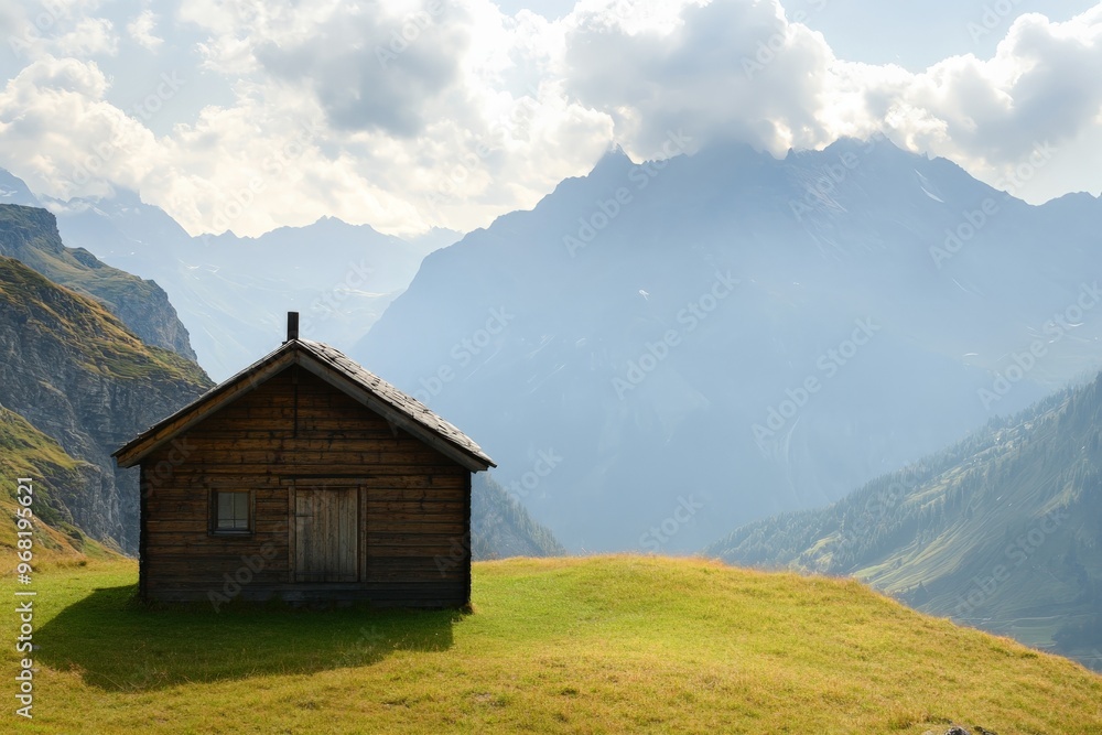 A simple, wooden cabin sits peacefully atop a mountain plateau with a stunning cloudy sky and mist-covered mountains in the background, creating a serene and isolated retreat. A simple, wooden cabin sits peacefully atop a mountain plateau with a stunning cloudy sky and mist-covered mountains in the background, creating a serene and isolated retreat.