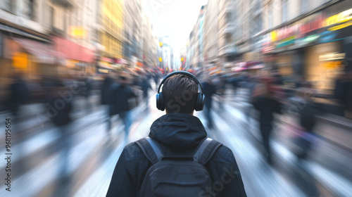 Man is escaping the city noise by listening to music with his headphones photo