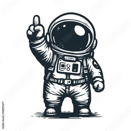 Cute astronaut show of fingers. Black white vector. Icon and logo illustration.