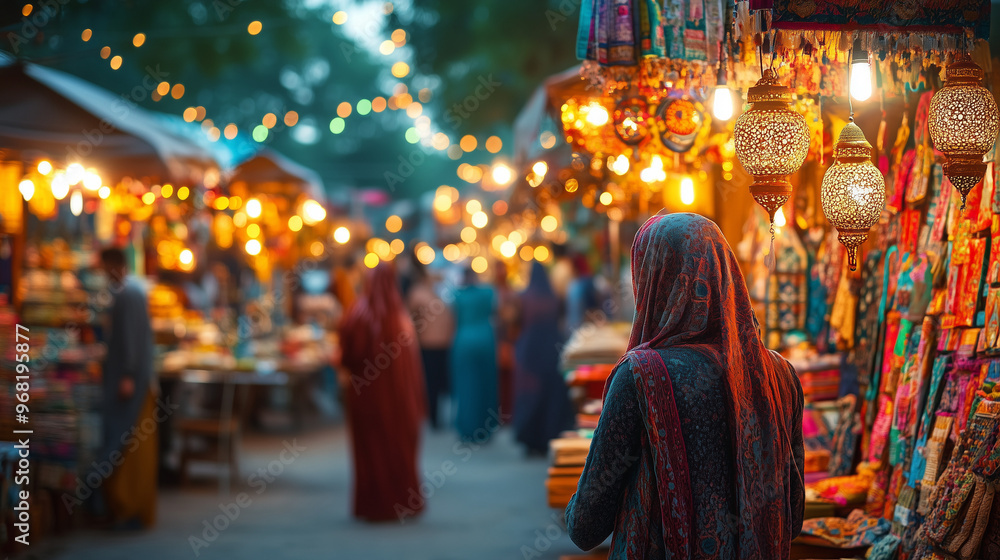 Obraz premium Cultural Night Market With Glowing Lanterns And Handcrafted Textiles