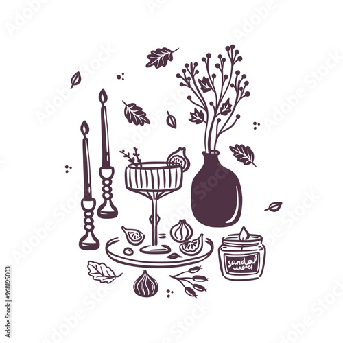 Hand-drawn elegant autumn composition featuring a cocktail glass with figs sandalwood candle, vase with branches, candlesticks and falling leaves. Cozy fall season. Isolated vector illustration.