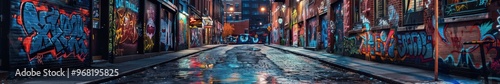 Urban alley at night filled with vibrant graffiti, capturing the essence of street art. Free copy space for banner.