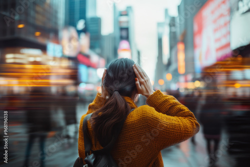 Young woman is holding her ears, overwhelmed by the noise and chaos of times square in new york city