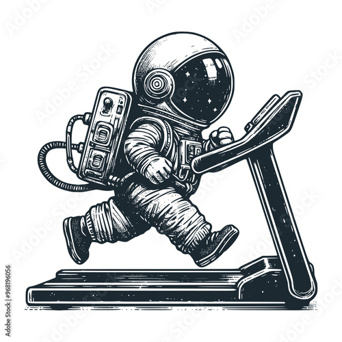 Cute astronaut playing treadmill. Black white vector. Icon and logo illustration.