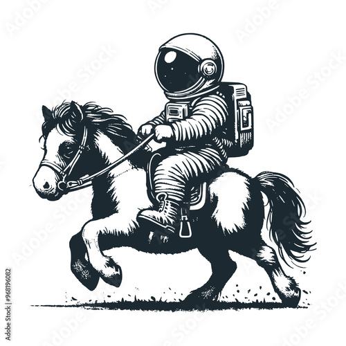 Cute astronaut riding a horse . Black white vector. Icon and logo illustration.